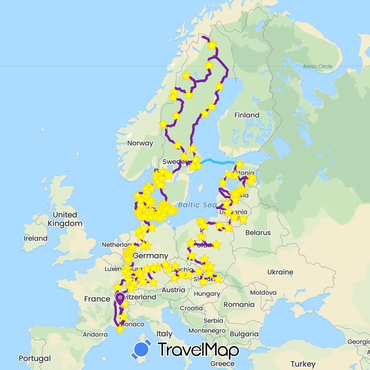 TravelMap itinerary: driving, hiking, boat, van, trottinette électrique, ferry in Czech Republic, Germany, Denmark, Estonia, France, Lithuania, Luxembourg, Latvia, Poland, Sweden, Slovakia (Europe)